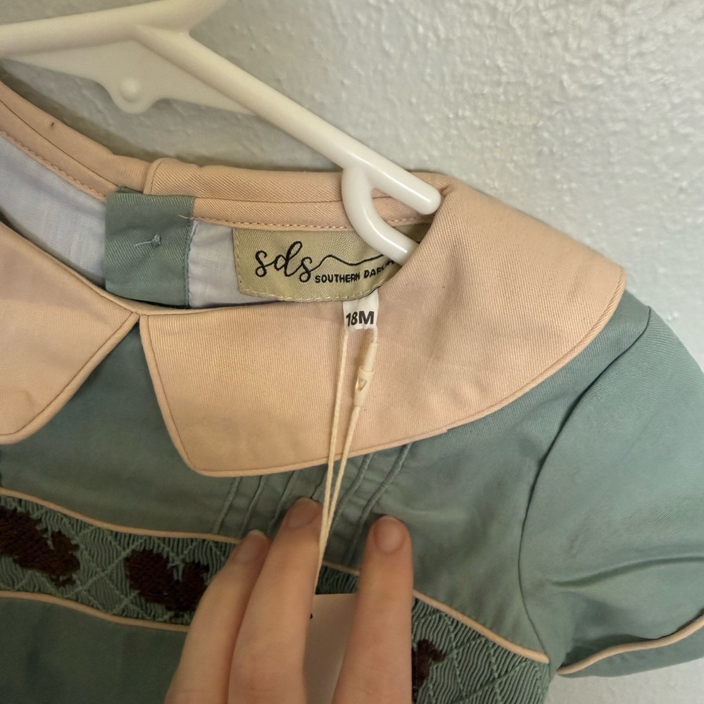 NWT Smocked Turkey Bubble Romper in Sage with Tan Collar - Picture 2 of 2